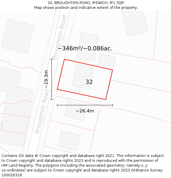 32, BROUGHTON ROAD, IPSWICH, IP1 3QR: Plot and title map