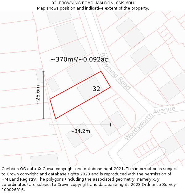 32, BROWNING ROAD, MALDON, CM9 6BU: Plot and title map