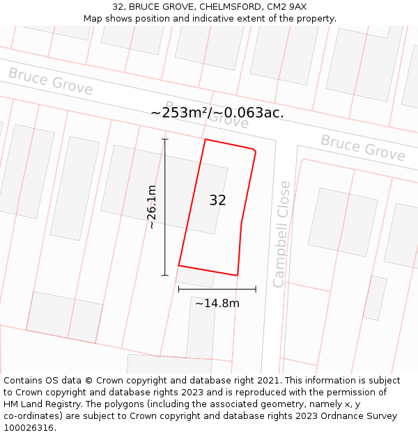 32, BRUCE GROVE, CHELMSFORD, CM2 9AX: Plot and title map