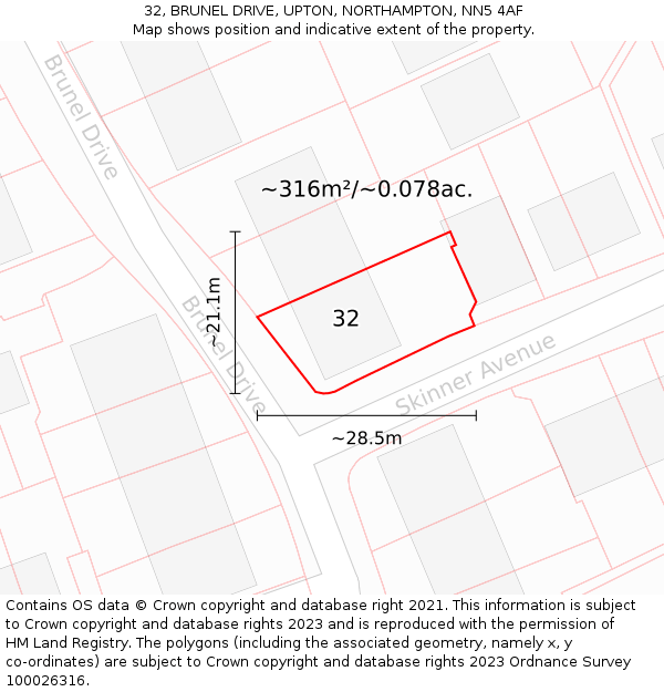 32, BRUNEL DRIVE, UPTON, NORTHAMPTON, NN5 4AF: Plot and title map