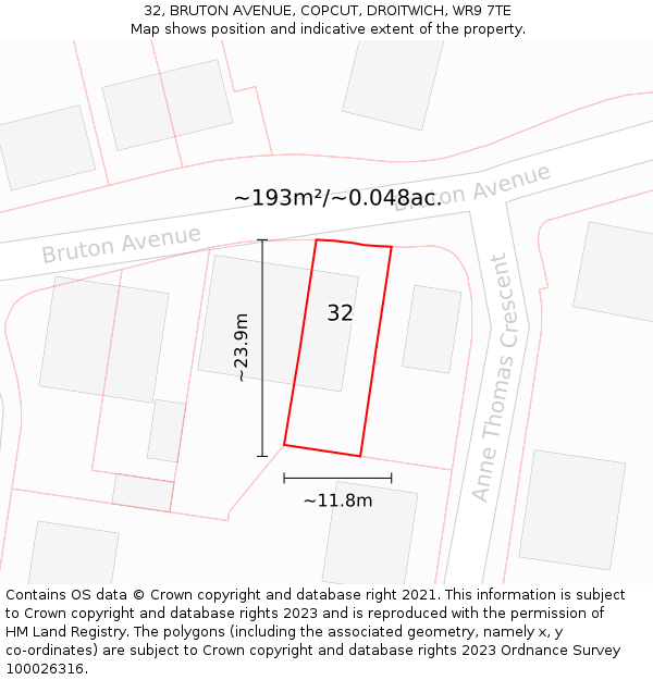 32, BRUTON AVENUE, COPCUT, DROITWICH, WR9 7TE: Plot and title map