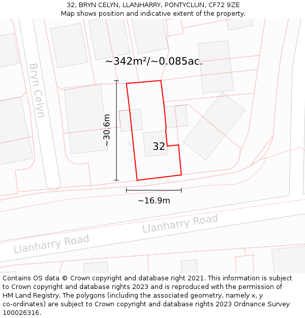 32, BRYN CELYN, LLANHARRY, PONTYCLUN, CF72 9ZE: Plot and title map