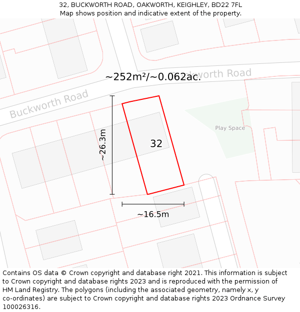 32, BUCKWORTH ROAD, OAKWORTH, KEIGHLEY, BD22 7FL: Plot and title map