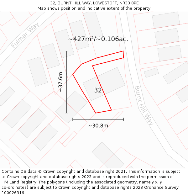 32, BURNT HILL WAY, LOWESTOFT, NR33 8PE: Plot and title map