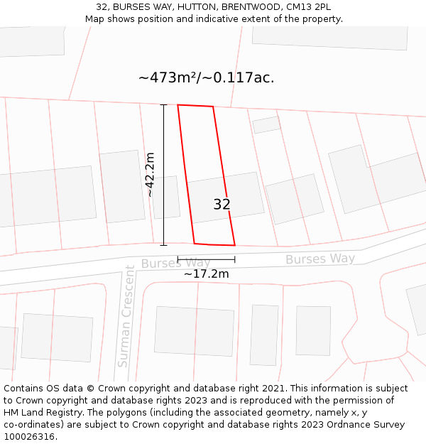 32, BURSES WAY, HUTTON, BRENTWOOD, CM13 2PL: Plot and title map