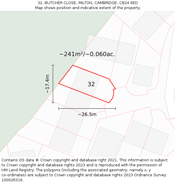 32, BUTCHER CLOSE, MILTON, CAMBRIDGE, CB24 6ED: Plot and title map