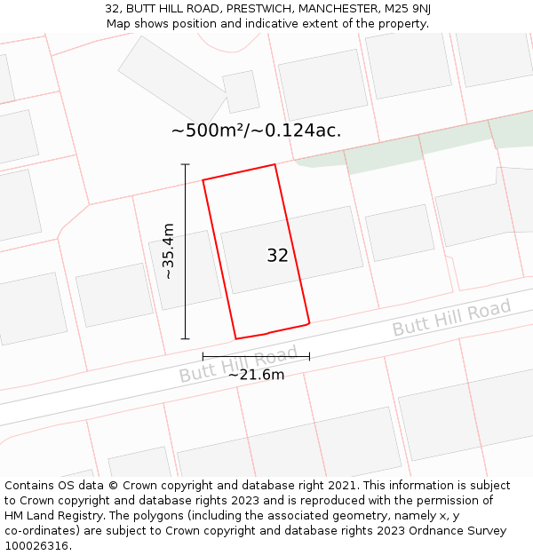 32, BUTT HILL ROAD, PRESTWICH, MANCHESTER, M25 9NJ: Plot and title map