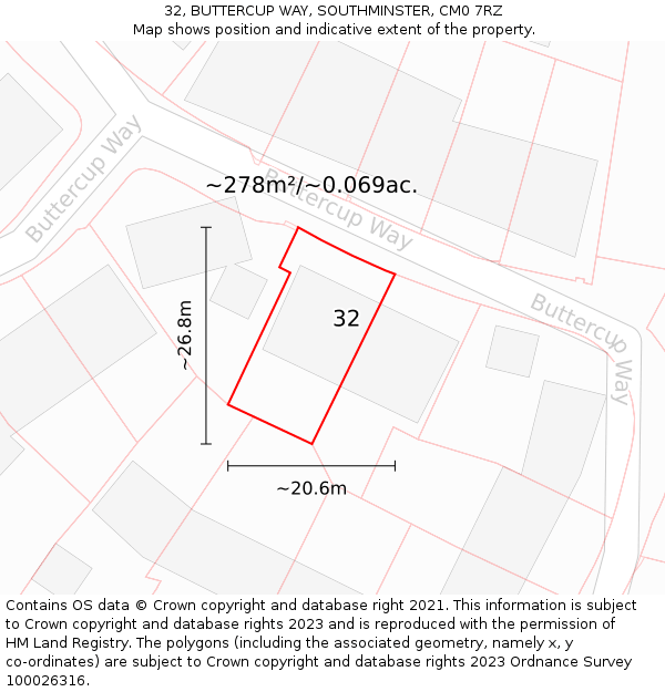 32, BUTTERCUP WAY, SOUTHMINSTER, CM0 7RZ: Plot and title map