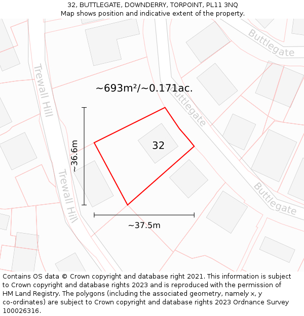 32, BUTTLEGATE, DOWNDERRY, TORPOINT, PL11 3NQ: Plot and title map