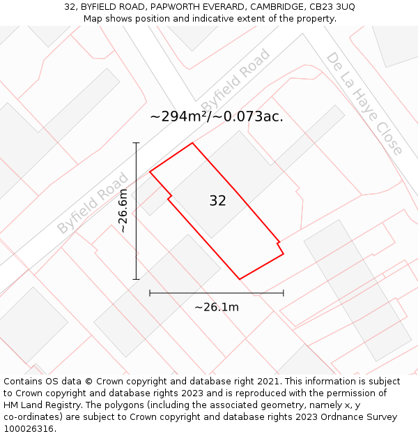 32, BYFIELD ROAD, PAPWORTH EVERARD, CAMBRIDGE, CB23 3UQ: Plot and title map