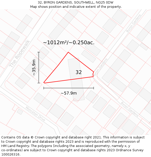 32, BYRON GARDENS, SOUTHWELL, NG25 0DW: Plot and title map