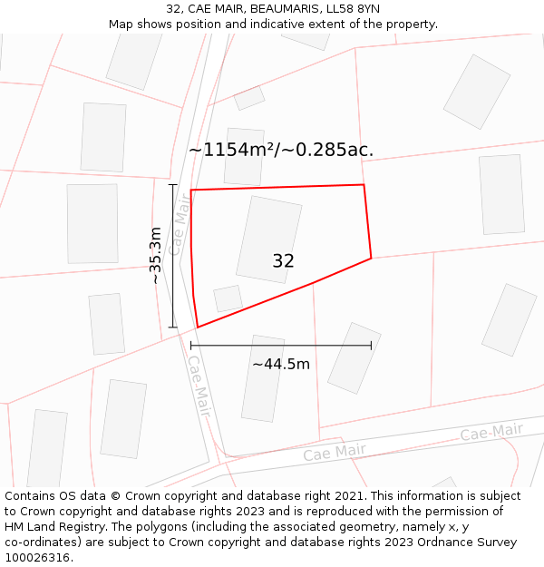 32, CAE MAIR, BEAUMARIS, LL58 8YN: Plot and title map