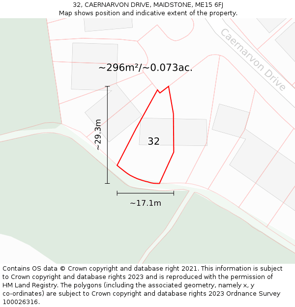 32, CAERNARVON DRIVE, MAIDSTONE, ME15 6FJ: Plot and title map