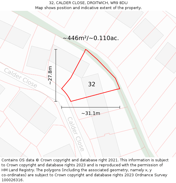 32, CALDER CLOSE, DROITWICH, WR9 8DU: Plot and title map