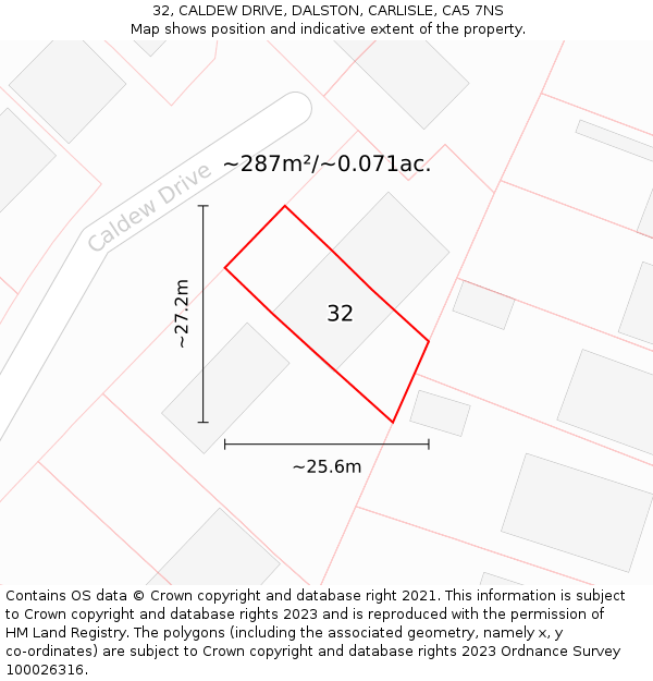 32, CALDEW DRIVE, DALSTON, CARLISLE, CA5 7NS: Plot and title map