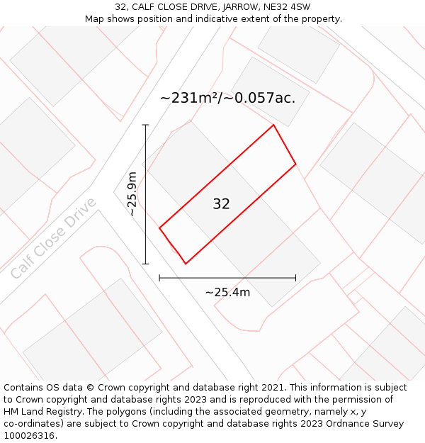 32, CALF CLOSE DRIVE, JARROW, NE32 4SW: Plot and title map