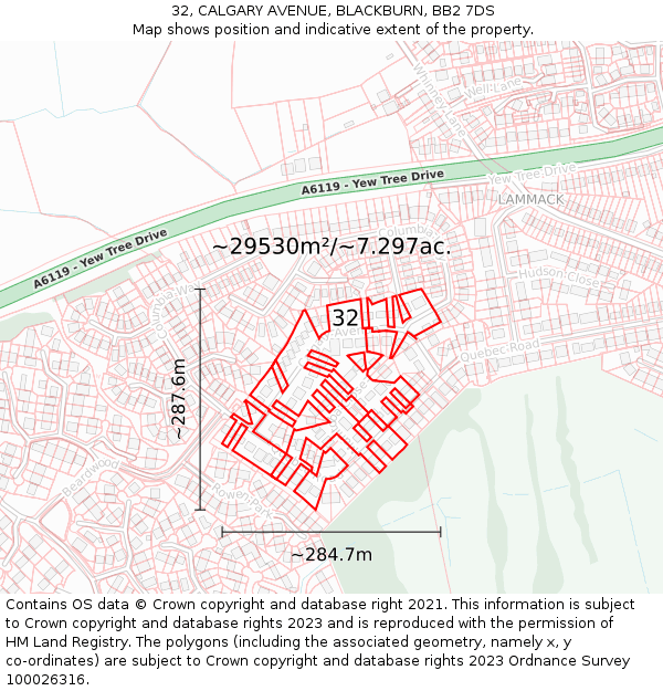 32, CALGARY AVENUE, BLACKBURN, BB2 7DS: Plot and title map