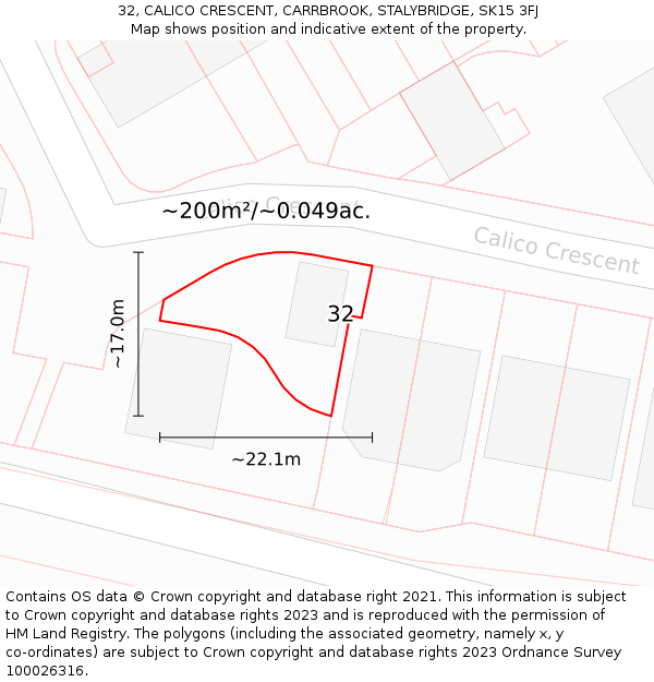 32, CALICO CRESCENT, CARRBROOK, STALYBRIDGE, SK15 3FJ: Plot and title map