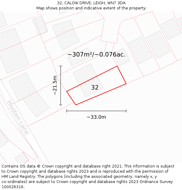 32, CALOW DRIVE, LEIGH, WN7 3DA: Plot and title map