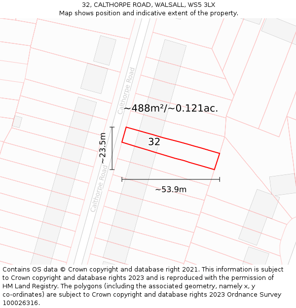 32, CALTHORPE ROAD, WALSALL, WS5 3LX: Plot and title map