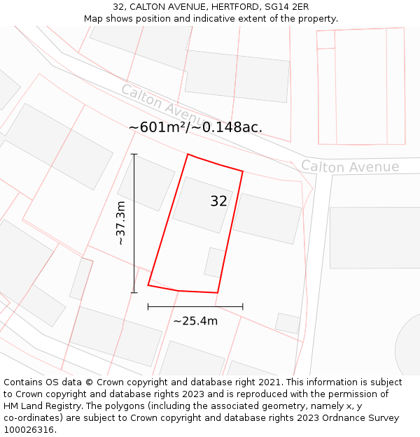 32, CALTON AVENUE, HERTFORD, SG14 2ER: Plot and title map