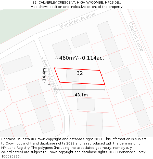 32, CALVERLEY CRESCENT, HIGH WYCOMBE, HP13 5EU: Plot and title map