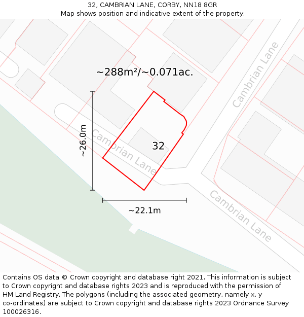 32, CAMBRIAN LANE, CORBY, NN18 8GR: Plot and title map