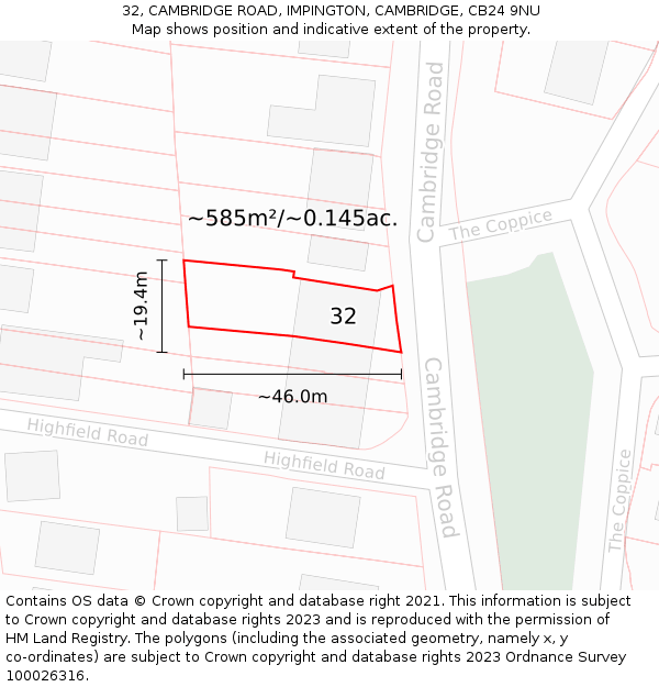 32, CAMBRIDGE ROAD, IMPINGTON, CAMBRIDGE, CB24 9NU: Plot and title map