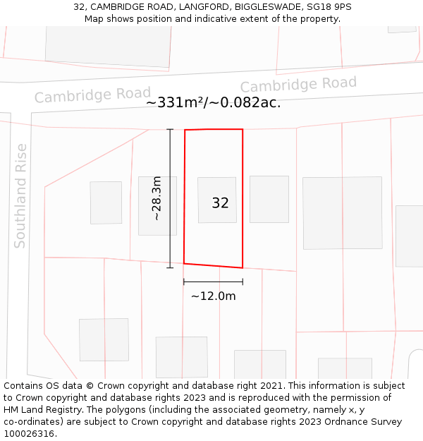 32, CAMBRIDGE ROAD, LANGFORD, BIGGLESWADE, SG18 9PS: Plot and title map