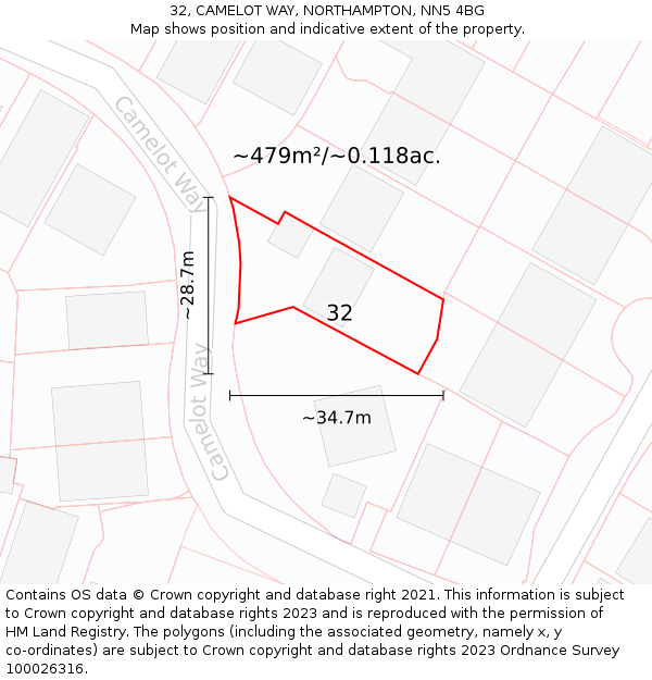 32, CAMELOT WAY, NORTHAMPTON, NN5 4BG: Plot and title map