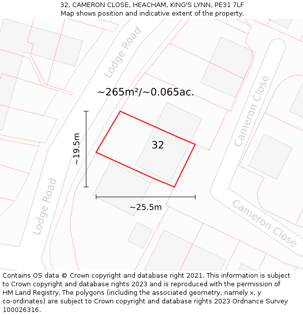 32, CAMERON CLOSE, HEACHAM, KING'S LYNN, PE31 7LF: Plot and title map