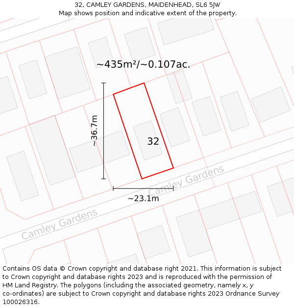 32, CAMLEY GARDENS, MAIDENHEAD, SL6 5JW: Plot and title map