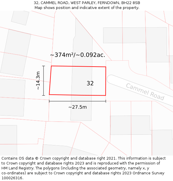 32, CAMMEL ROAD, WEST PARLEY, FERNDOWN, BH22 8SB: Plot and title map