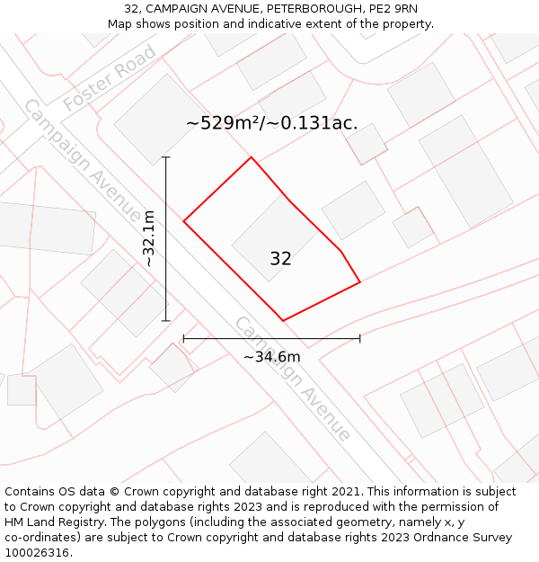 32, CAMPAIGN AVENUE, PETERBOROUGH, PE2 9RN: Plot and title map