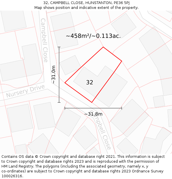 32, CAMPBELL CLOSE, HUNSTANTON, PE36 5PJ: Plot and title map