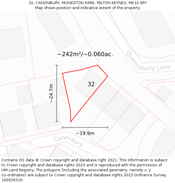 32, CANONBURY, MONKSTON PARK, MILTON KEYNES, MK10 9PY: Plot and title map