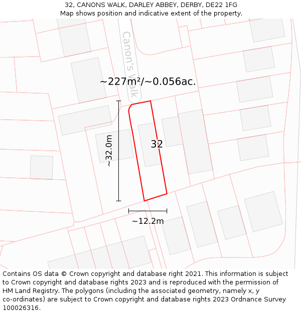 32, CANONS WALK, DARLEY ABBEY, DERBY, DE22 1FG: Plot and title map