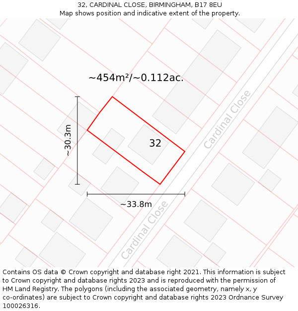 32, CARDINAL CLOSE, BIRMINGHAM, B17 8EU: Plot and title map