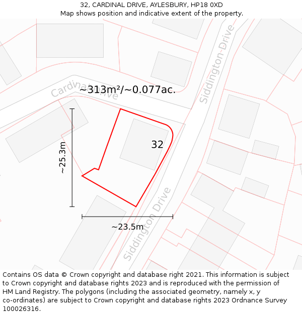 32, CARDINAL DRIVE, AYLESBURY, HP18 0XD: Plot and title map