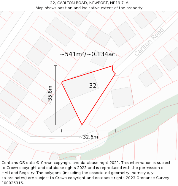 32, CARLTON ROAD, NEWPORT, NP19 7LA: Plot and title map