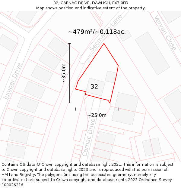 32, CARNAC DRIVE, DAWLISH, EX7 0FD: Plot and title map