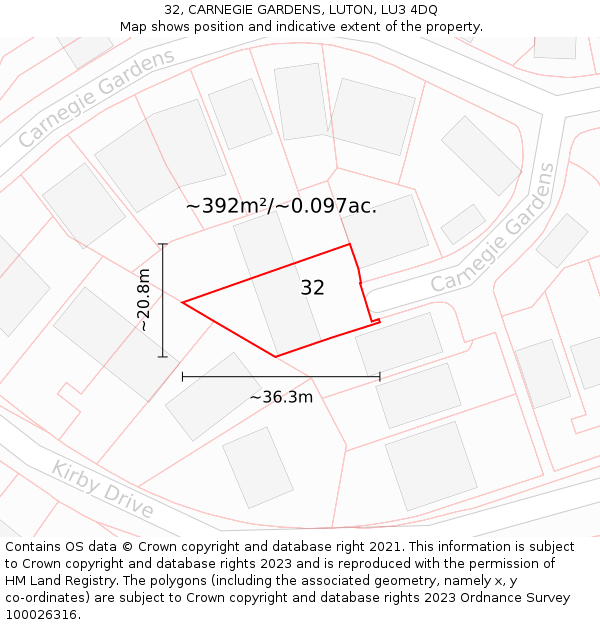 32, CARNEGIE GARDENS, LUTON, LU3 4DQ: Plot and title map