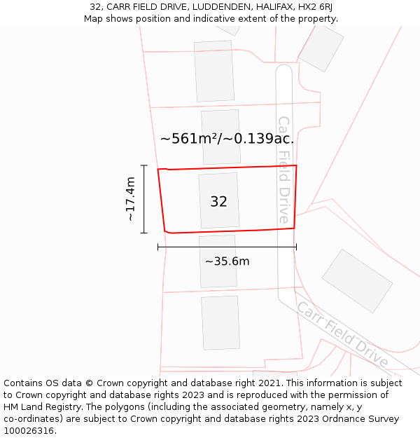32, CARR FIELD DRIVE, LUDDENDEN, HALIFAX, HX2 6RJ: Plot and title map