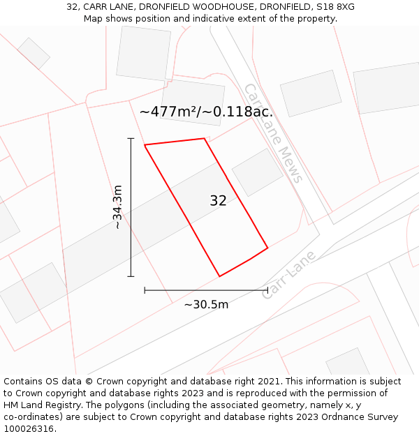 32, CARR LANE, DRONFIELD WOODHOUSE, DRONFIELD, S18 8XG: Plot and title map
