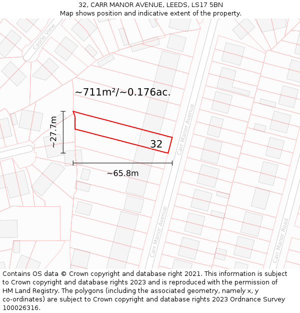 32, CARR MANOR AVENUE, LEEDS, LS17 5BN: Plot and title map