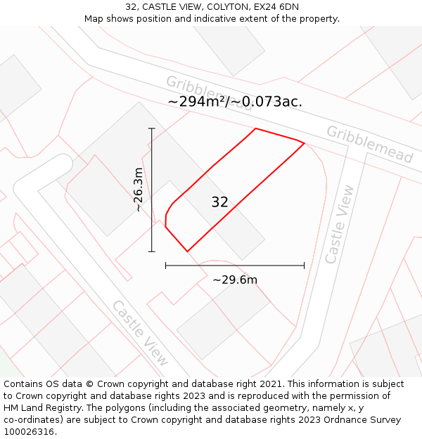 32, CASTLE VIEW, COLYTON, EX24 6DN: Plot and title map