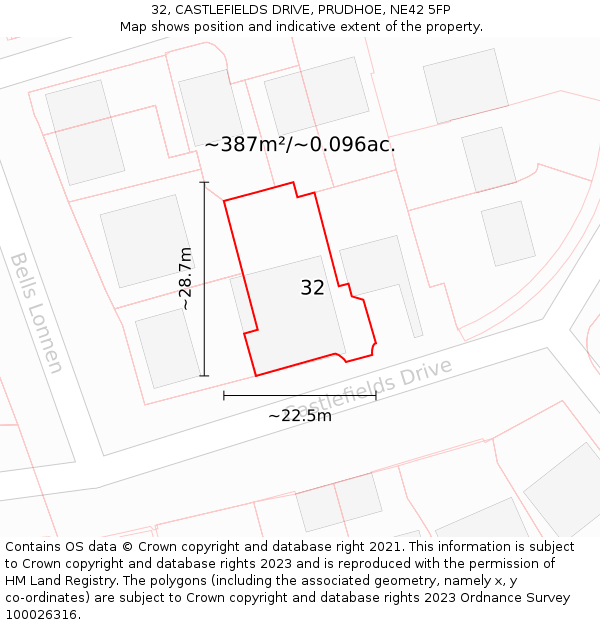 32, CASTLEFIELDS DRIVE, PRUDHOE, NE42 5FP: Plot and title map