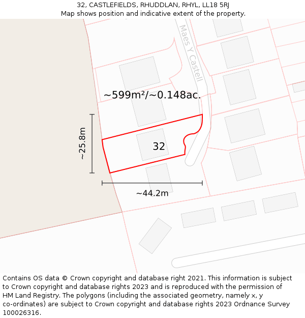 32, CASTLEFIELDS, RHUDDLAN, RHYL, LL18 5RJ: Plot and title map