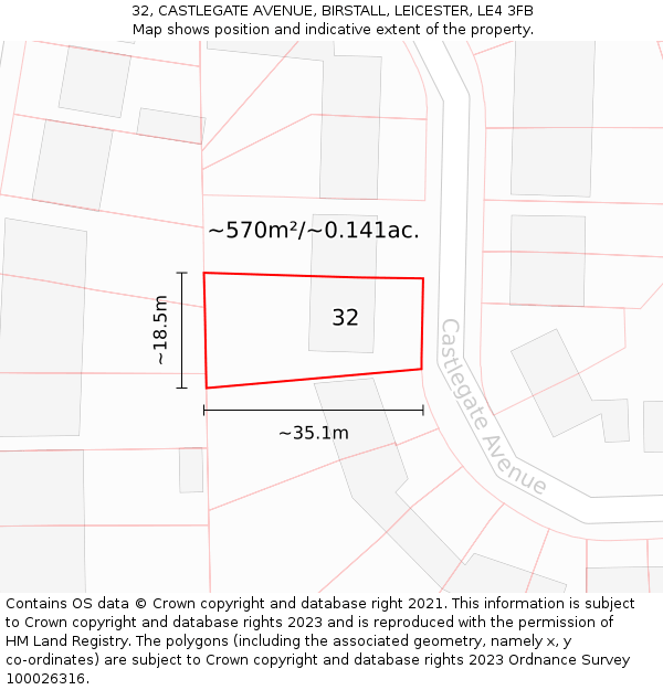 32, CASTLEGATE AVENUE, BIRSTALL, LEICESTER, LE4 3FB: Plot and title map