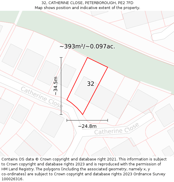32, CATHERINE CLOSE, PETERBOROUGH, PE2 7FD: Plot and title map
